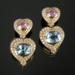 JOAN COLLINS PAIR OF TOPAZ AND DIAMOND HEART EARPENDANTS, DESIGNED IN 18K YELLOW GOLD A pair of