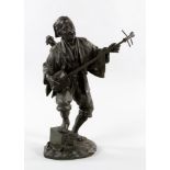 19th C. Japanese Sculpture Sculpture of a male musician, bronze, 24" h x 13" w x 8" dia. at base.