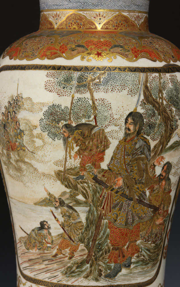 19th C. Pair of Satsuma Vases Pair of Satsuma vases, Japan, earthenware, decorated with figures of - Image 4 of 9