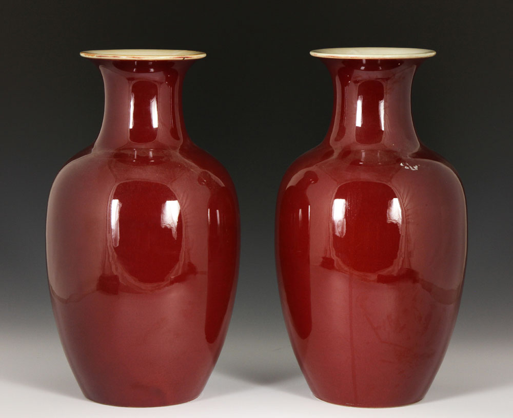 Pair of 19th C. Ox Blood Vases Pair of vases, China, 19th century, porcelain, with ox blood glaze,