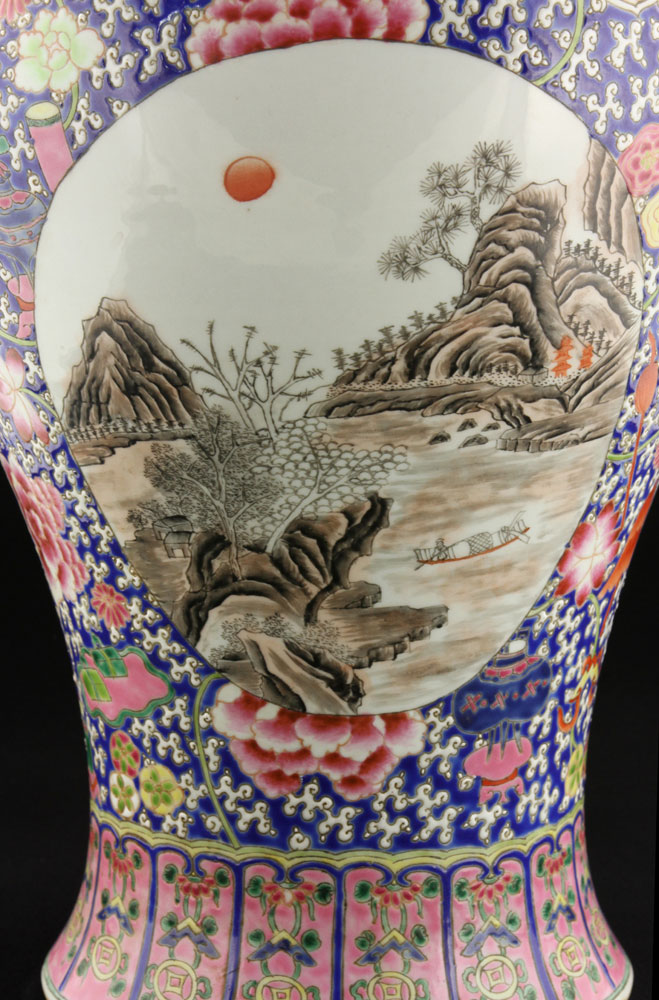 Pair of Chinese Lidded Vases Pair of lidded vases, China, porcelain, decorated with river scenes, - Image 9 of 19
