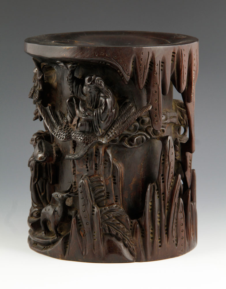 18th C. Chinese Brush Pot Brush pot, China, 18th century, zitan wood, with high relief carving of - Image 2 of 10
