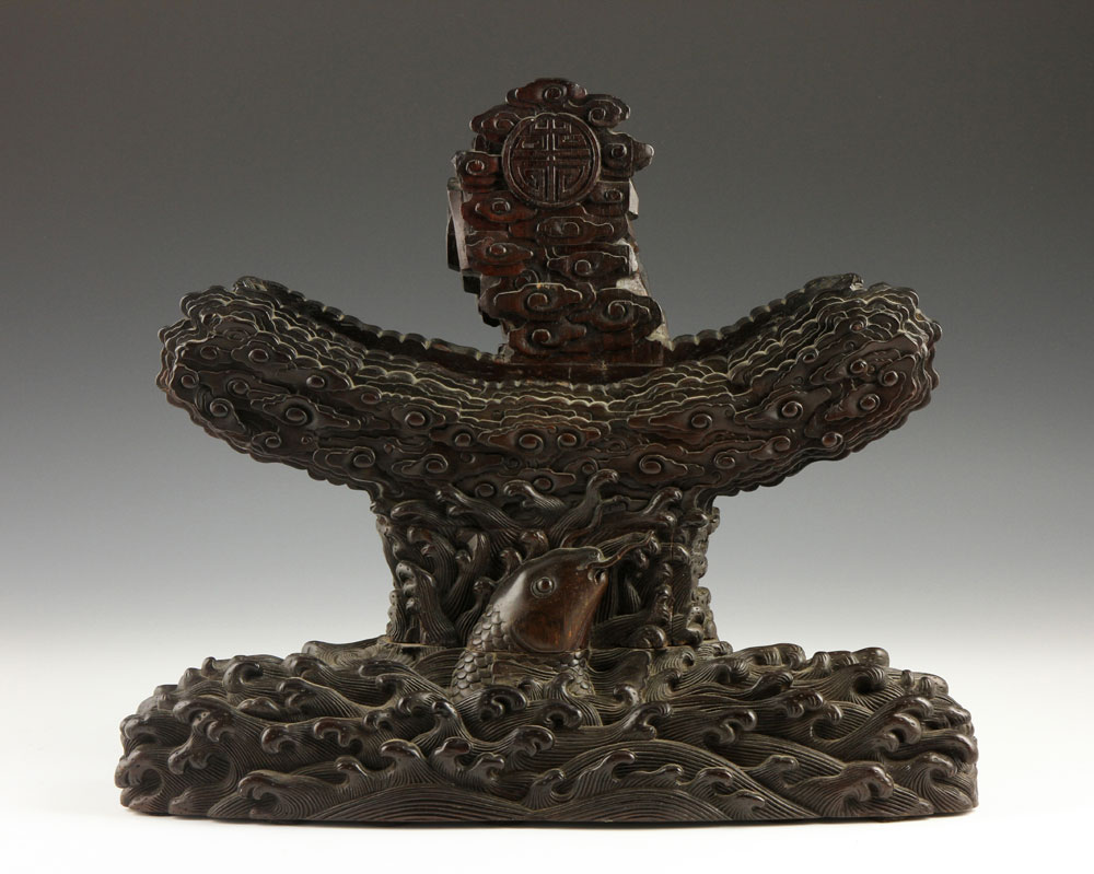 Chinese Charger Stand Charger stand, China, zitan wood, intricately carved with waves, clouds and