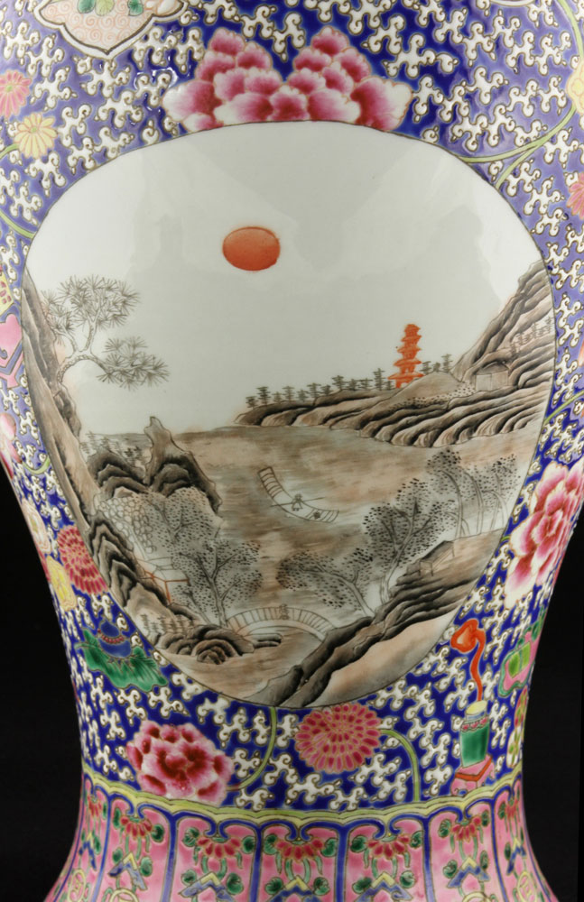 Pair of Chinese Lidded Vases Pair of lidded vases, China, porcelain, decorated with river scenes, - Image 10 of 19