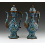 Pair of 19th C. Ewers Pair of ewers, China, 19th century, cloisonné over copper, 13 1/2" h x 5" dia.