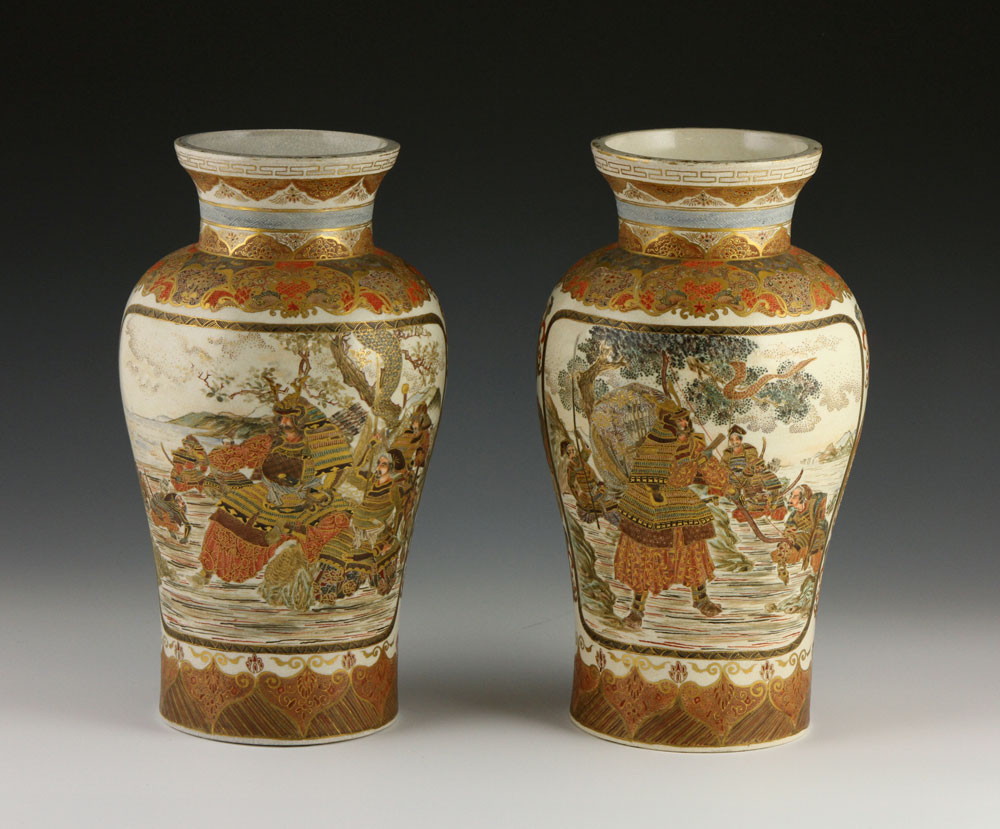 19th C. Pair of Satsuma Vases Pair of Satsuma vases, Japan, earthenware, decorated with figures of