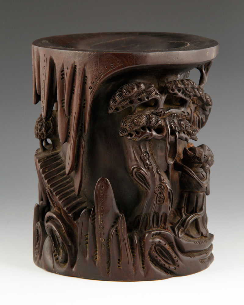 18th C. Chinese Brush Pot Brush pot, China, 18th century, zitan wood, with high relief carving of - Image 4 of 10