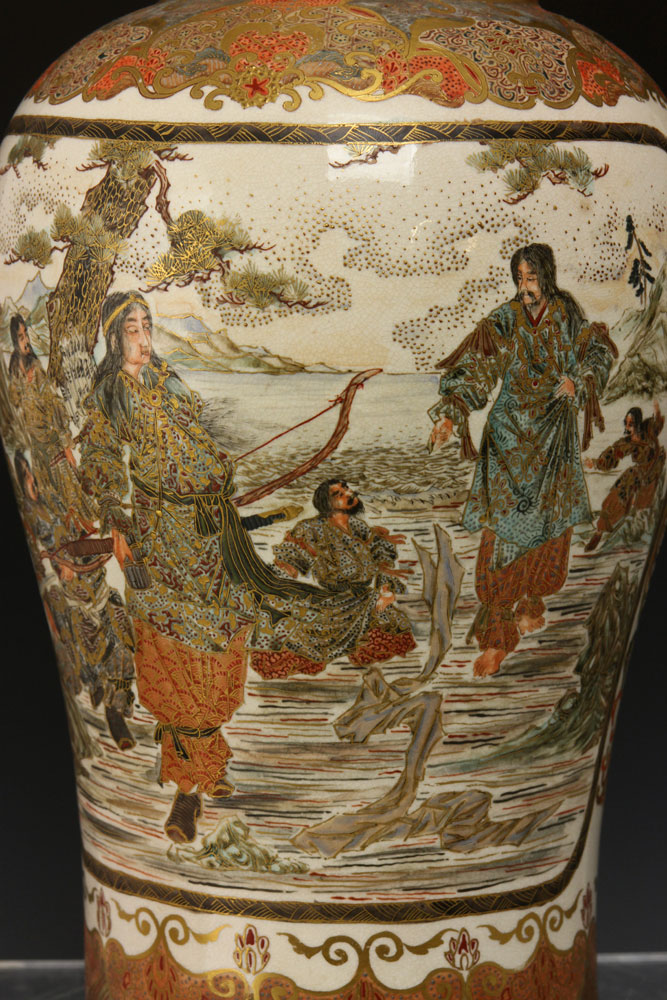 19th C. Pair of Satsuma Vases Pair of Satsuma vases, Japan, earthenware, decorated with figures of - Image 6 of 9