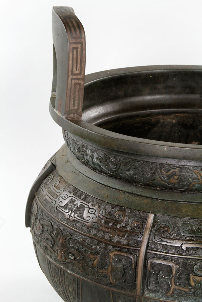 19th C. Chinese Ding Ding, China, 19th century, bronze, with two handles, on three legs, 25" h x 22" - Image 4 of 9