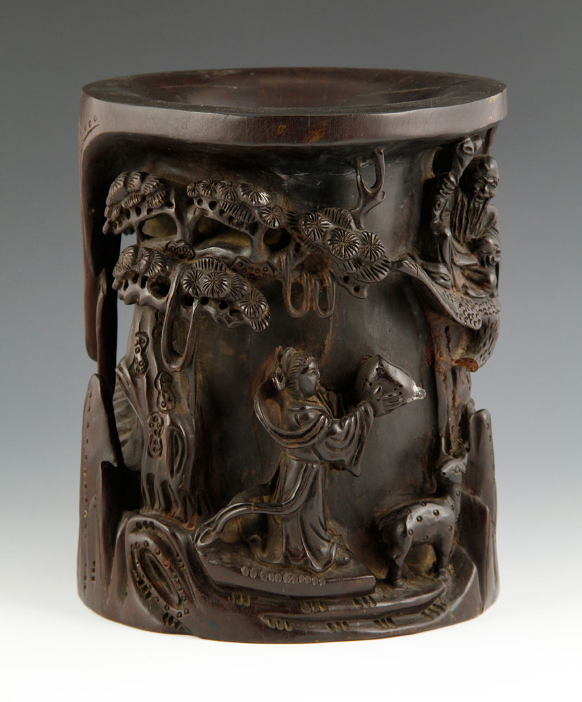 18th C. Chinese Brush Pot Brush pot, China, 18th century, zitan wood, with high relief carving of