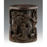 18th C. Chinese Brush Pot Brush pot, China, 18th century, zitan wood, with high relief carving of