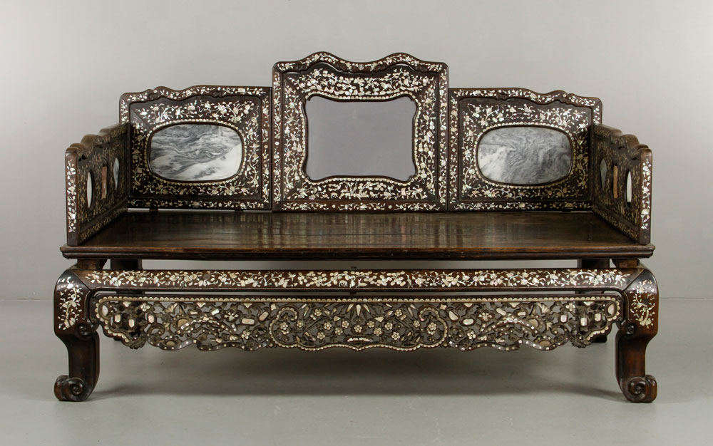 19th C. Chinese Bench Bench, China, 19th century, rosewood, with extensive mother of pearl inlay and - Image 2 of 17
