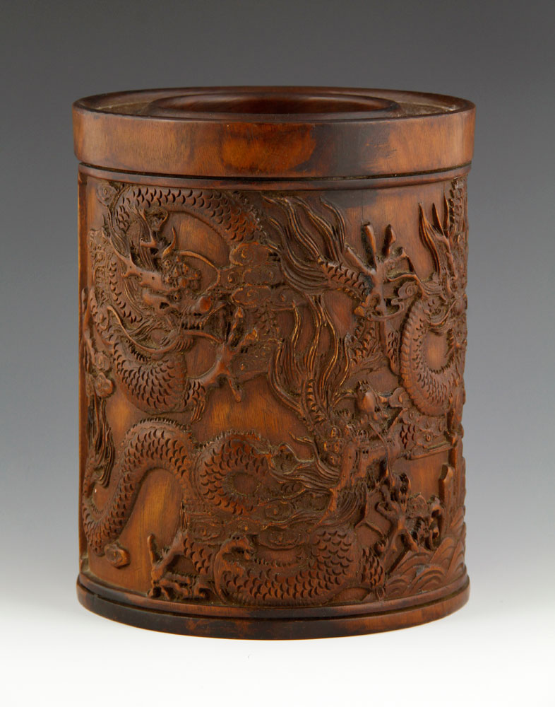 Chinese Brush Pot Brush pot, China, huanghuali wood, carved with images of five clawed dragons, 7