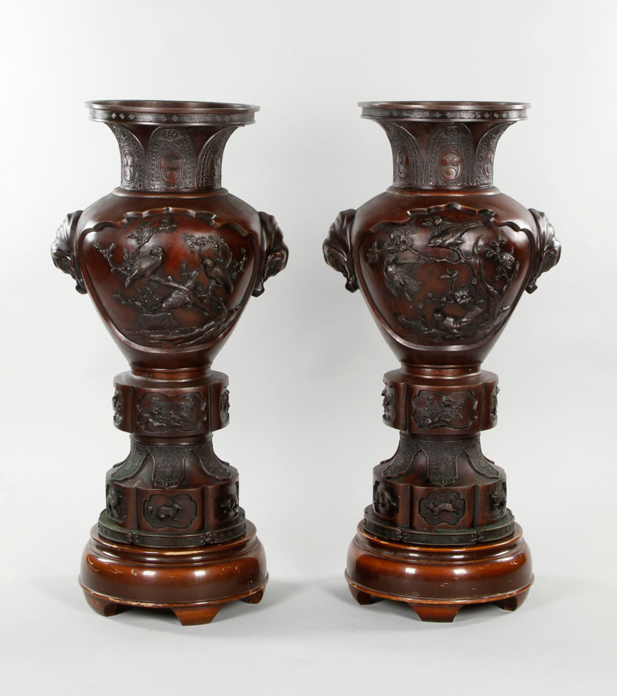 Pair of 19th C. Japanese Palace Urns Pair of two large palace urns, Japan, 19th century, bronze,