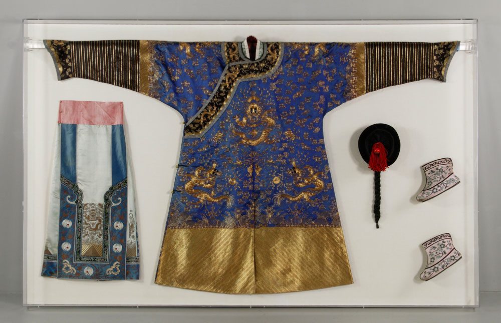 Chinese Robe and Accessories Robe and accessories, including hat with Peking glass, boots, and