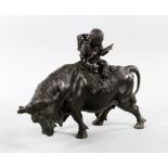 19th C. Japanese Sculpture Sculpture of a boy seated on the back of a water buffalo with a basket