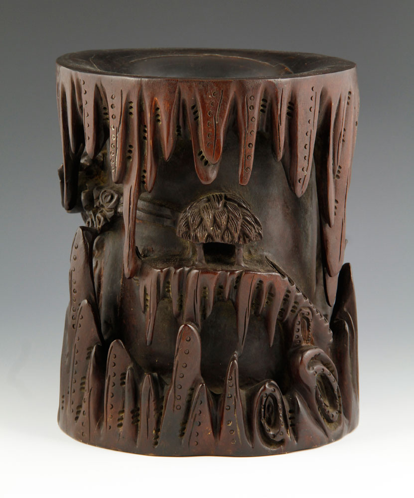 18th C. Chinese Brush Pot Brush pot, China, 18th century, zitan wood, with high relief carving of - Image 3 of 10