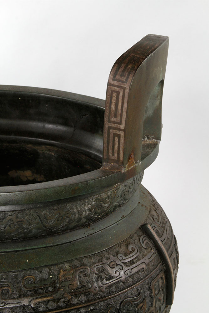 19th C. Chinese Ding Ding, China, 19th century, bronze, with two handles, on three legs, 25" h x 22" - Image 3 of 9