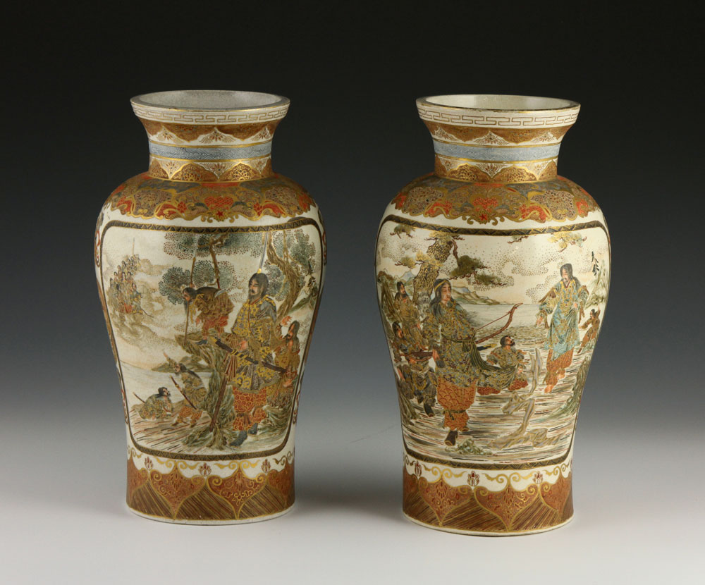19th C. Pair of Satsuma Vases Pair of Satsuma vases, Japan, earthenware, decorated with figures of - Image 2 of 9