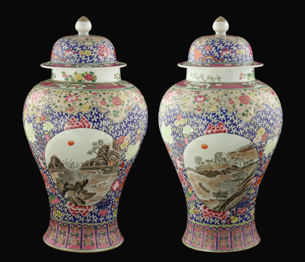 Pair of Chinese Lidded Vases Pair of lidded vases, China, porcelain, decorated with river scenes,