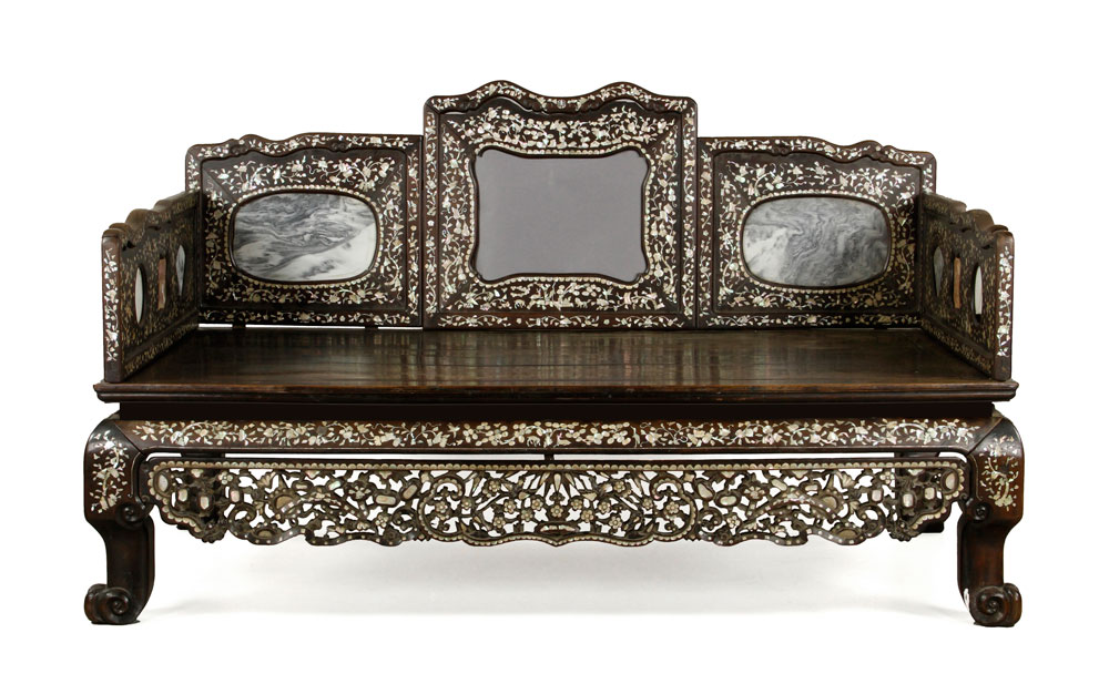 19th C. Chinese Bench Bench, China, 19th century, rosewood, with extensive mother of pearl inlay and