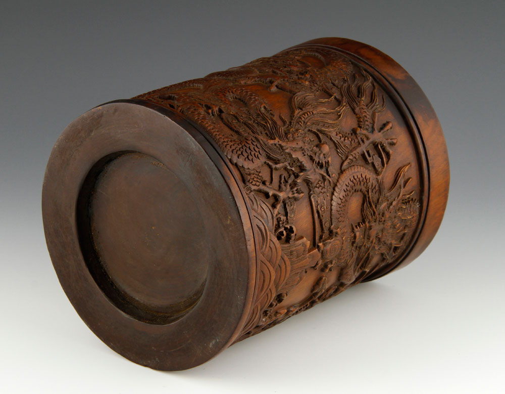 Chinese Brush Pot Brush pot, China, huanghuali wood, carved with images of five clawed dragons, 7 - Image 6 of 8