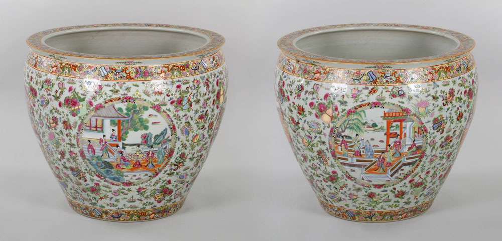 Pair of Chinese Famille Rose Fish Bowls Pair of famille rose fish bowls, China, exterior decorated