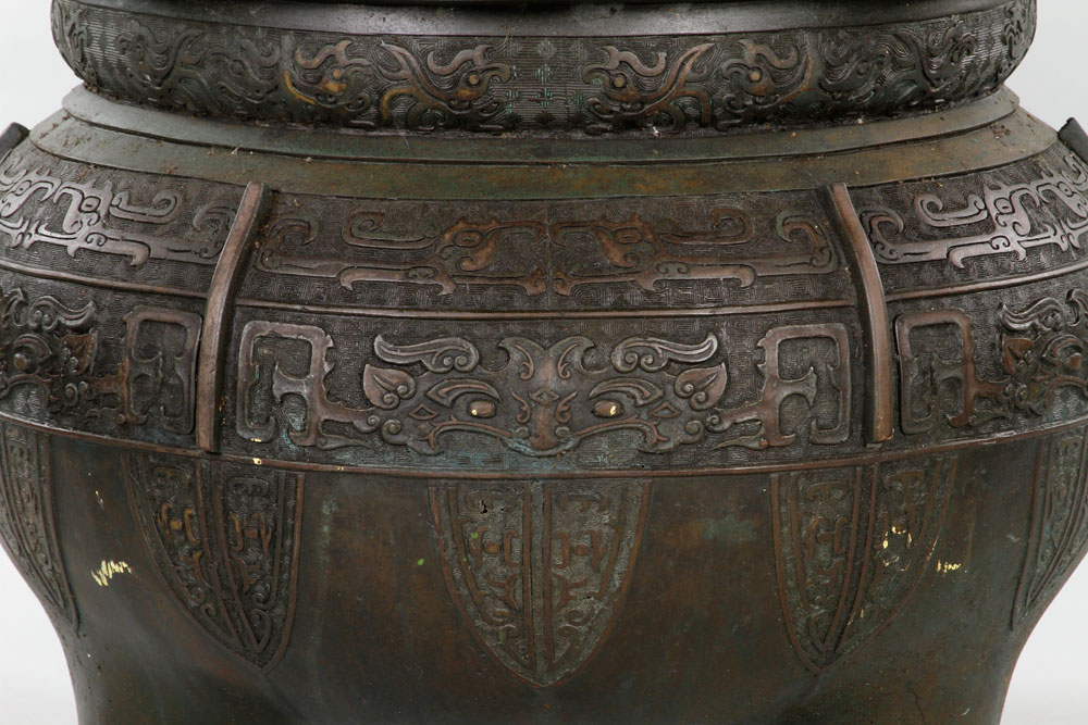 19th C. Chinese Ding Ding, China, 19th century, bronze, with two handles, on three legs, 25" h x 22" - Image 7 of 9