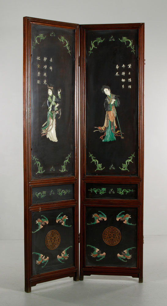 19th C. Chinese Screen Two panel screen, China, late 19th century, carved and painted wood, with - Image 2 of 7