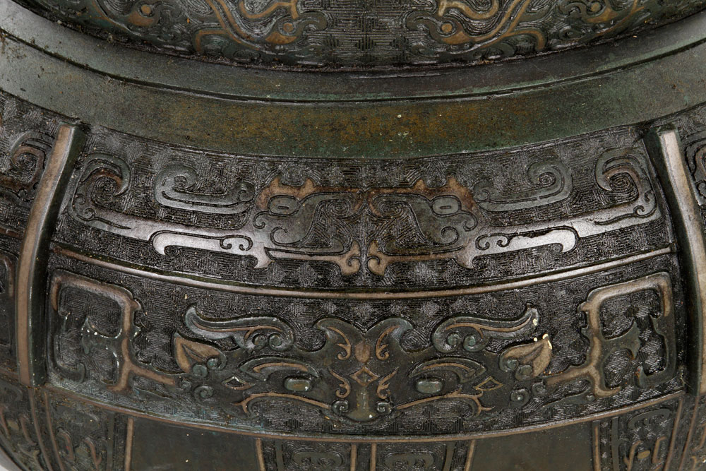 19th C. Chinese Ding Ding, China, 19th century, bronze, with two handles, on three legs, 25" h x 22" - Image 5 of 9