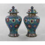 Pair of 19th C. Chinese Urns Pair of covered urns, China, 19th century, cloisonné over copper,