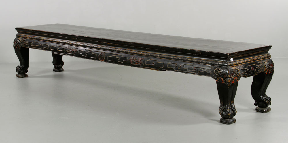 19th C. Chinese Temple Bench Long temple bench, China, circa 1860, cha wood, carved and painted, - Image 6 of 8