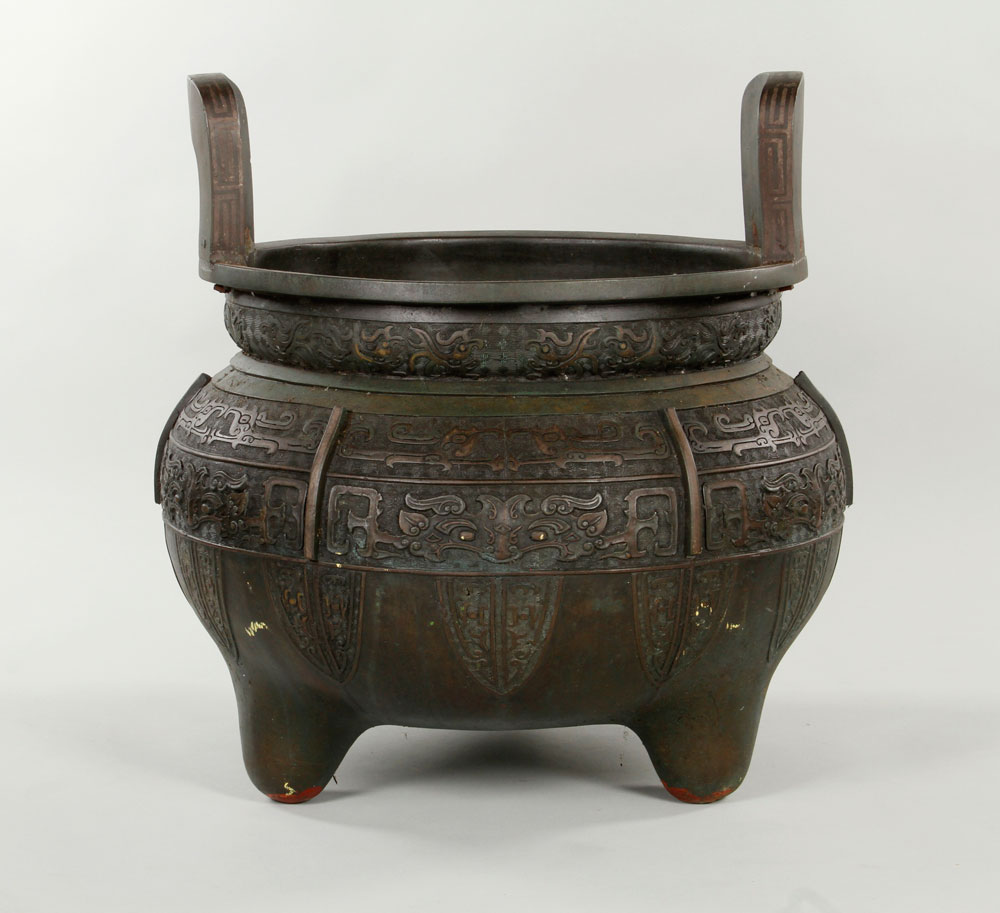 19th C. Chinese Ding Ding, China, 19th century, bronze, with two handles, on three legs, 25" h x 22" - Image 6 of 9