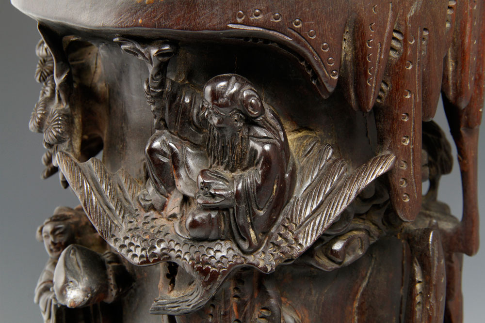 18th C. Chinese Brush Pot Brush pot, China, 18th century, zitan wood, with high relief carving of - Image 8 of 10