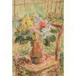 Koltsova-Bychkova Alexandra Grigorievna (Russian, 1892-1985) Still life with flowers on the chair