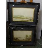 Pair F/g Watercolours Estuary Scene & River Scene with mountains to distance by AW Wood, gilt