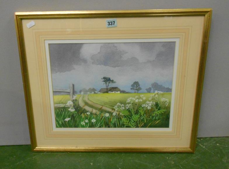F/g Watercolour Open Farm Land with buildings, cowslip to fore, by Heather Hilder, daughter of