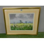 F/g Watercolour Open Farm Land with buildings, cowslip to fore, by Heather Hilder, daughter of