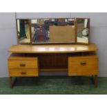 G Plan Bow Fronted Retro Teak Dressing Table with 1 bank 2 short drawers & door with internal