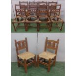 Pair Golden Oak Straw Seated Side Chairs unusual shaped back supports on chip carved square