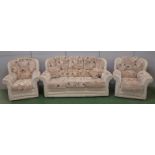 Modern 3 Piece Suite: Settee & Matching Pair Armchairs, upholstered in leaf pattern fabric