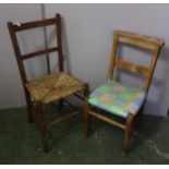 Late C19th/Early C20th Beech Chapel Chair & Straw Seated Edwardian Side Chair with plain bar back (