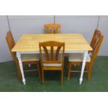 Natural Wood Finish Kitchen Table on white painted turned supports & Set 4 Matching Side Chairs with