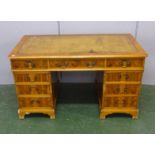 Reproduction Yew Wood Pedestal Desk, 1 pedestal with deep filing drawer & 1 with 3 cock beaded