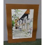 Ink & Watercolour Drawing marked Sharon '79, woman standing outside shop PE Bailey with timbered