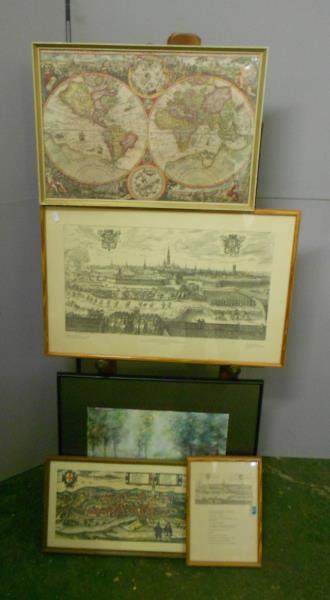 F/g Watercolour Woodlands dated '98, Map City View of Warboch, C17th City View etc. (5)