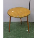 1970's Retro Circular Coffee Table on circular tapering brass capped supports, wood effect top