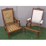 Matching Pair Walnut Victorian? Grandmother/Grandfather Chairs, carved cresting rail, padded