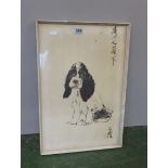 Chinese Monochrome Watercolour Spaniel with red seal mark, signed