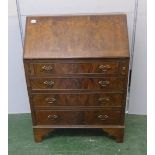 Burr Walnut Bureau, fall enclosing fitted nest of small drawers & pigeon holes over 4 graduated cock